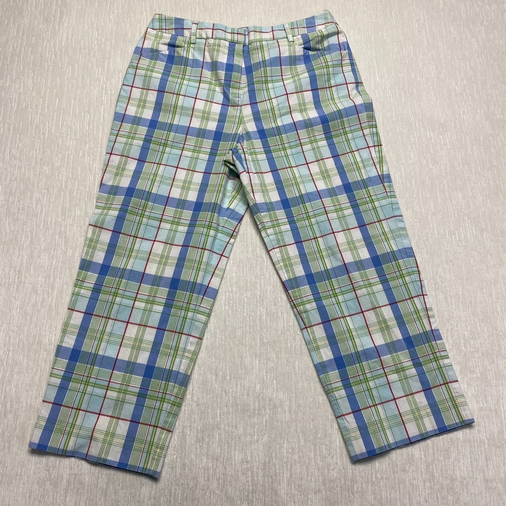 Talbots Plaid Cropped Pants Womens 4 Green Blue Cotton Preppy Straight Leg
